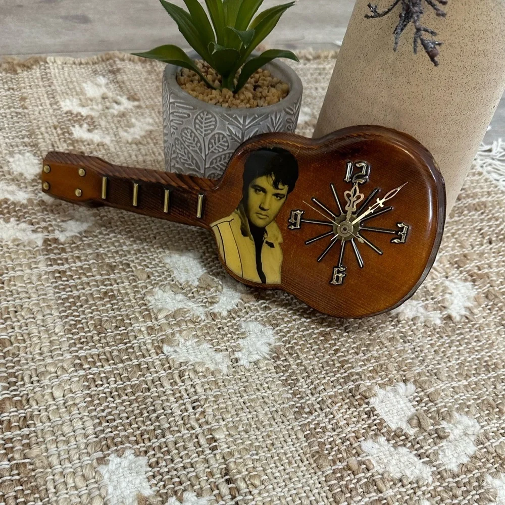 Vintage Elvis Presley Lacquered Wood Working Guitar Shaped Wall Clock
